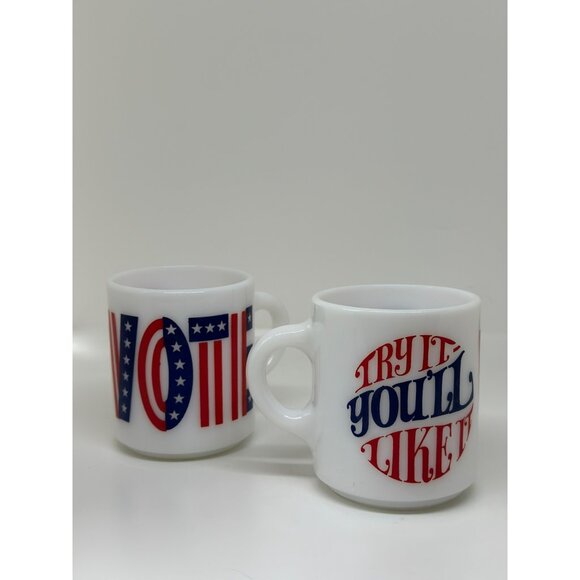 VTG Milk Glass Mugs With Patriotic "Vote" & "Try It Youll Like It" Graphics - Picture 1 of 7